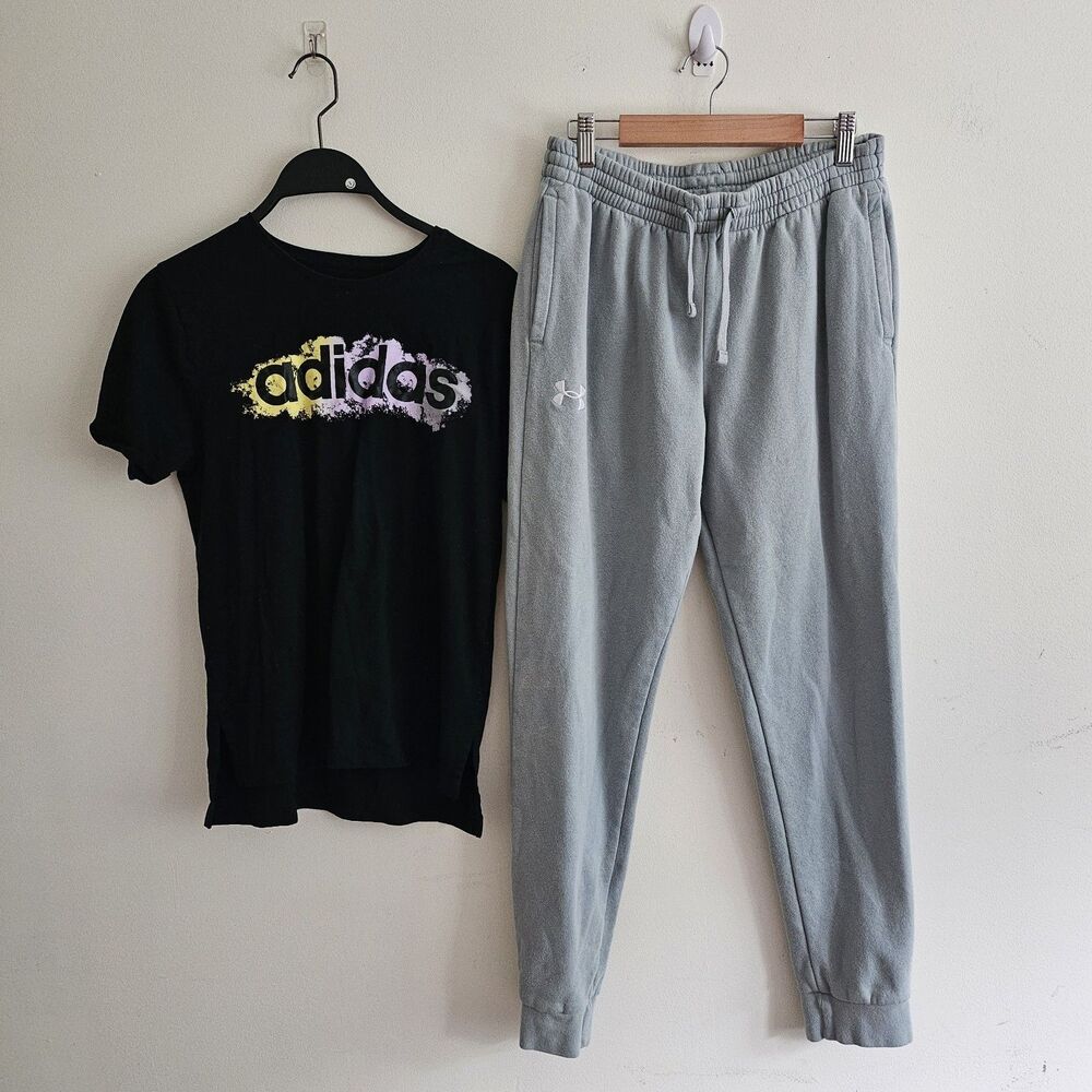 Adidas Graphic Tee XL + Under Armour Fleece Joggers YXL Bundle Lot Black Green
